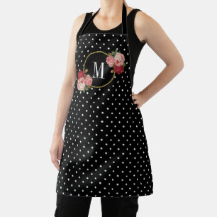 Tablier Black Vintage Floral Pois Rose Fun Monogramme