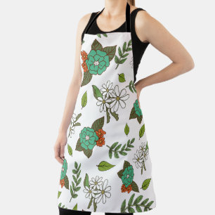 Tablier Blanc Rétro et Floral Vert
