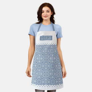 Tablier Blancs, bleu poussiéreux motif damassé bordures de