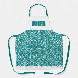 Tablier Blancs, bleu turquoise damassé motif bordures à éc