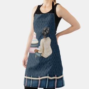 TABLIER BLEU AVEC STOOL FEMME ET PILE DE LIVRES