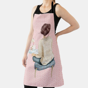 TABLIER BLEU AVEC TABOURET DE FEMME ET TAS DE LIVRES