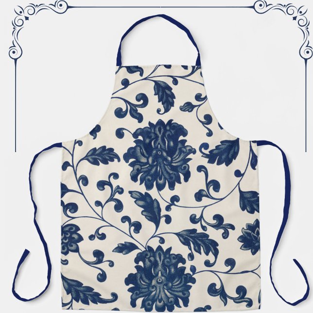 Tablier Bleu botanique vintage + motif floral blanc (This beautiful blue + creamy white vintage floral pattern apron makes a great gift!)