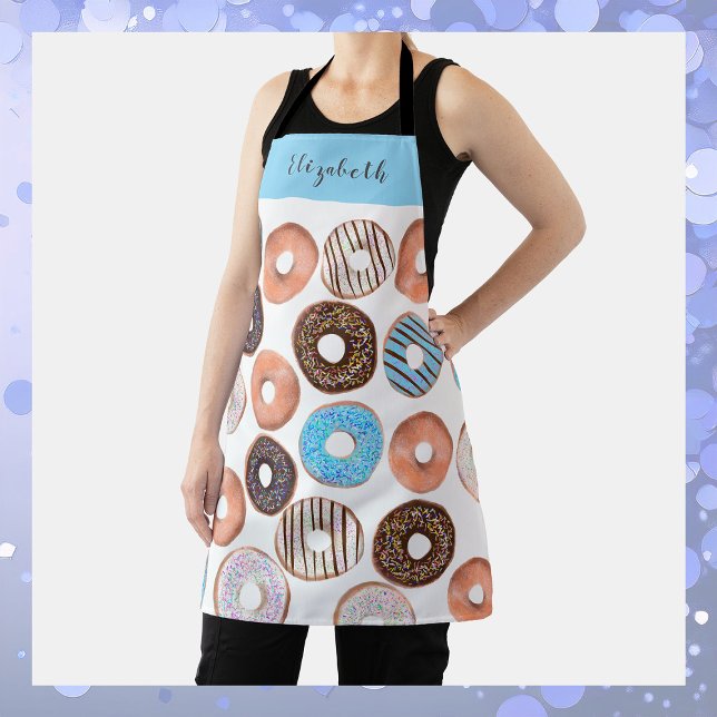 Tablier Bleu et chocolat Brown Donut Nom personnalisé Bake (Créateur téléchargé)