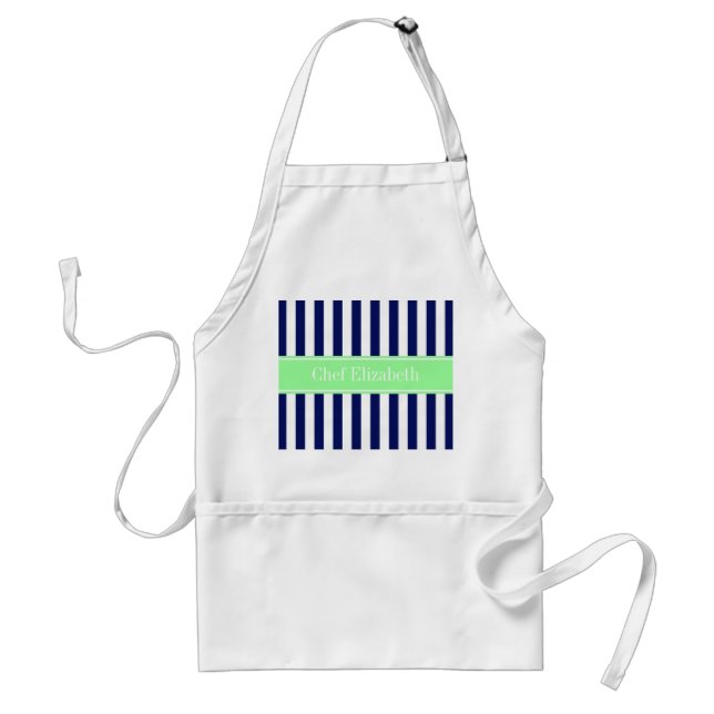 Tablier Bleu Nuit Blanc Rayure Vert Menthe Monogramme Nom (Devant)