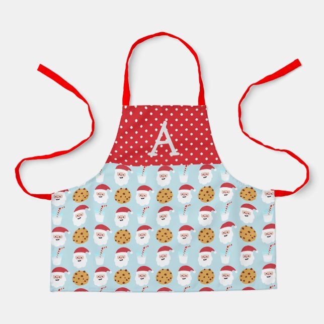 Tablier Bleu Père Noël Lait et biscuits Apron, petit tabli (Recto)