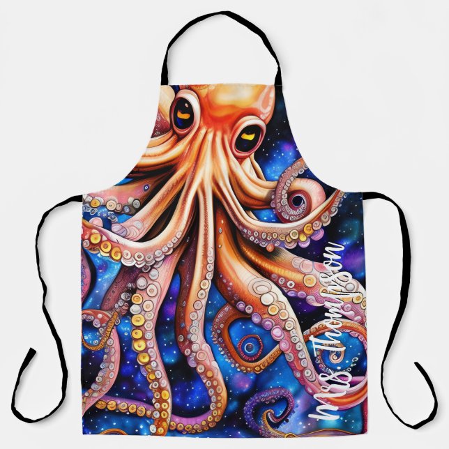 Tablier Bleu Starry Night Whimsical Octopus | Nom personna (Recto)