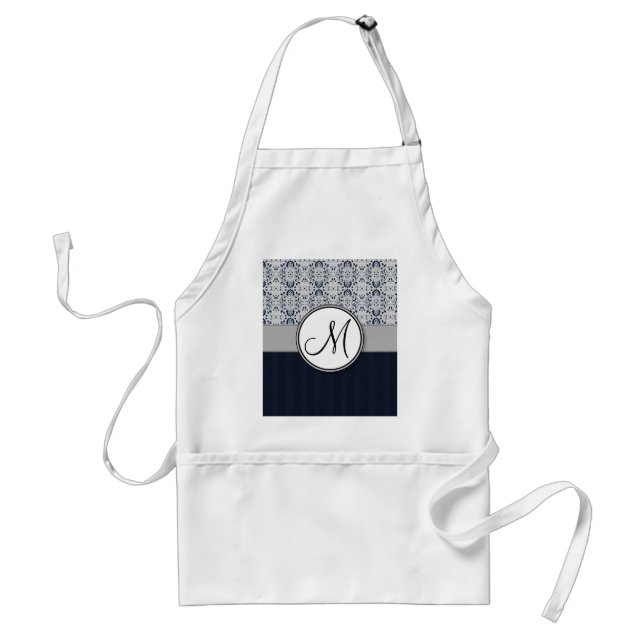 Tablier Bleu sur Argent Damask avec Navy Stripes et Monogr (Devant)