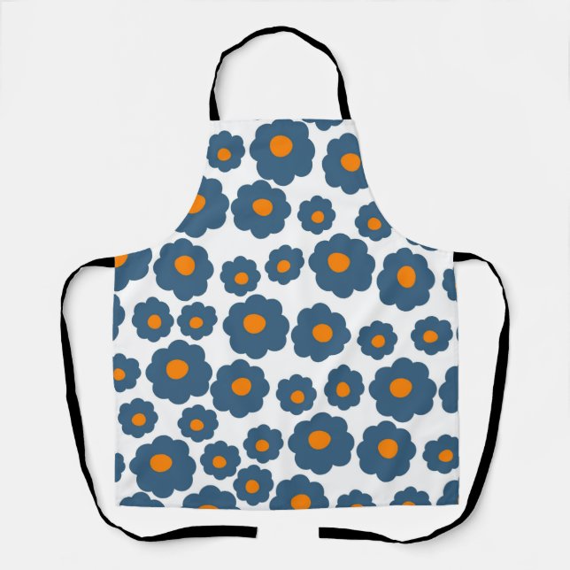 Tablier Bleu Whimsical & Orange Floral Retro, Gai (Recto)