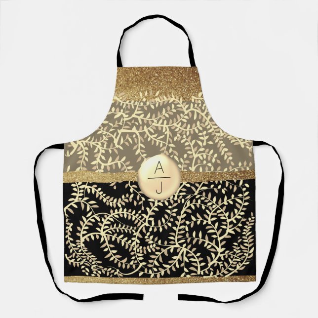 Tablier Bling Paillettes Or et Noir Initiales (Recto)