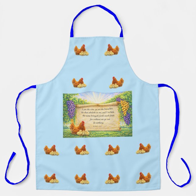 Tablier Blue All-Over Apron with Chickens & Bible Verse (Recto)