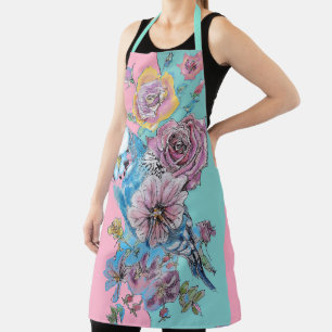 Tablier Blue Budgie Flower Roses Pink Floral Kitchen Apron