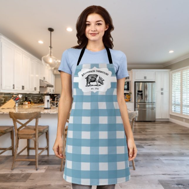 Tablier Blue Buffalo Plaid Farm Pig (Blue Buffalo Plaid Farm Pig Personalized Apron)