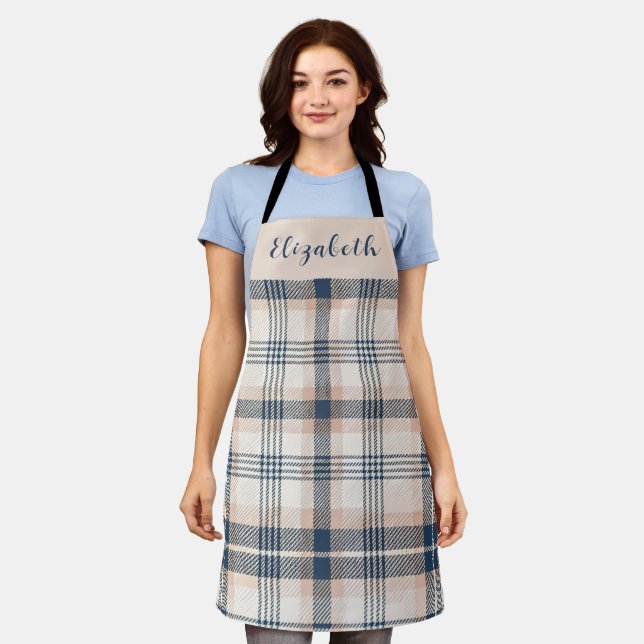 Tablier Blue Cream Tartan Plaid Custom Name (Porté)