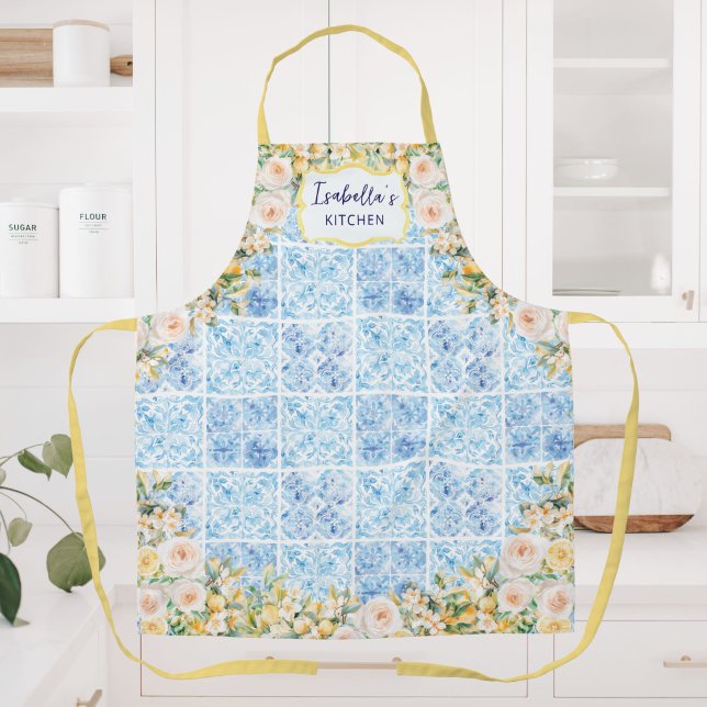 Tablier Blue Mediterranean Tiles Flower Lemon Personalized (Créateur téléchargé)