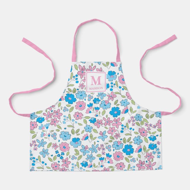 Tablier Blue Pink Floral Monogram Apron (Recto)