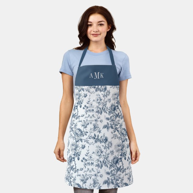 Tablier Blue White French Toile Monogram Apron (Porté)