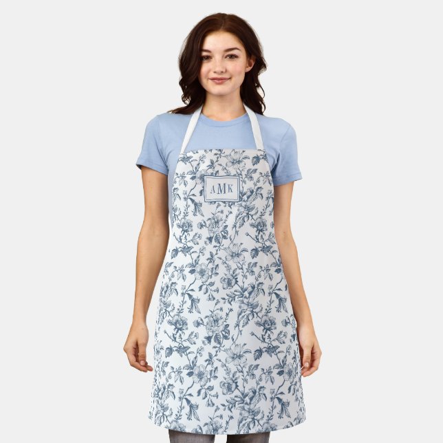 Tablier Blue White French Toile Monogram Apron (Porté)
