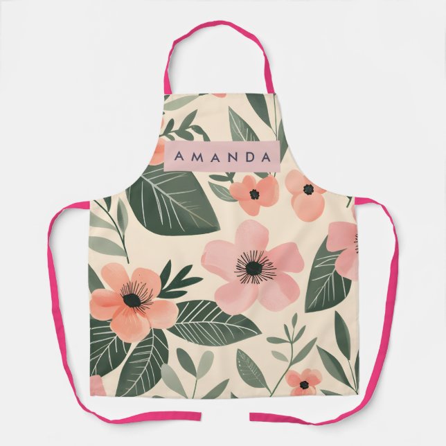 Tablier Blush Fleurs de Corail Personnalisées Feuilles (Recto)