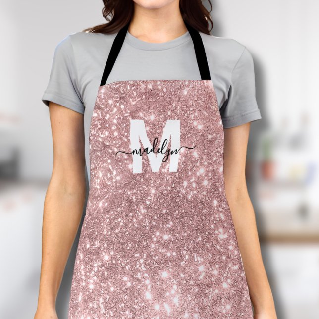 Tablier Blush Rose Gold Monogramme Nom Paillettes Rose (Monogram Rose Gold Blush Pink Glitter Name Apron)