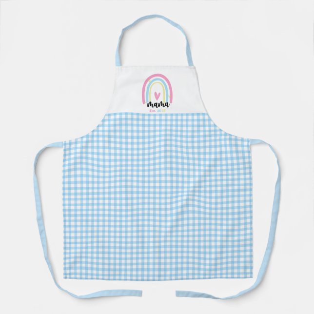 Tablier Boho Bleu Gingham Maman Personnalisée Année de cré (Recto)