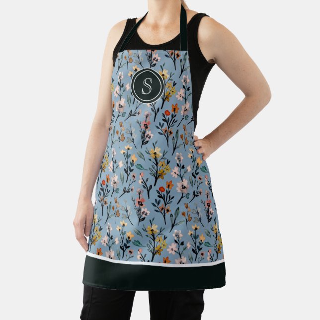 Tablier Boho Chic Aquarelle Bleu Doux Floral (Insitu)
