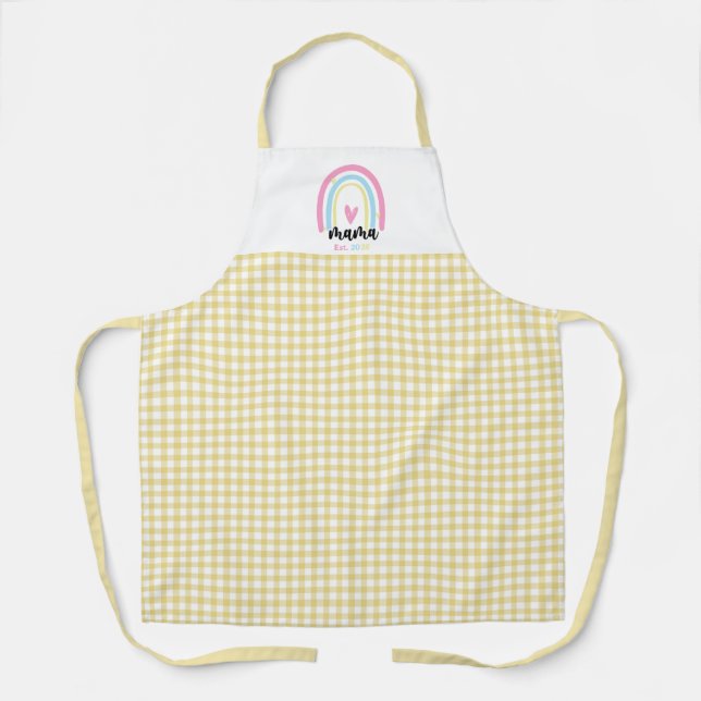 Tablier Boho jaune vichy personnalisé Maman année de créat (Recto)