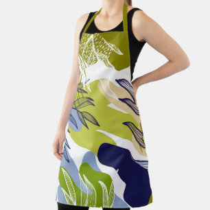 Tablier Boho Lime, Marine et Feuilles bleus