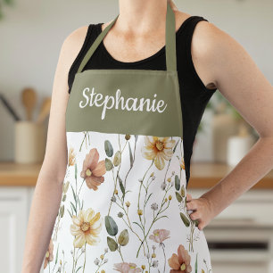 Tablier Boho Vert Sauge Aquarelle Fleur Sauvage Nom Person