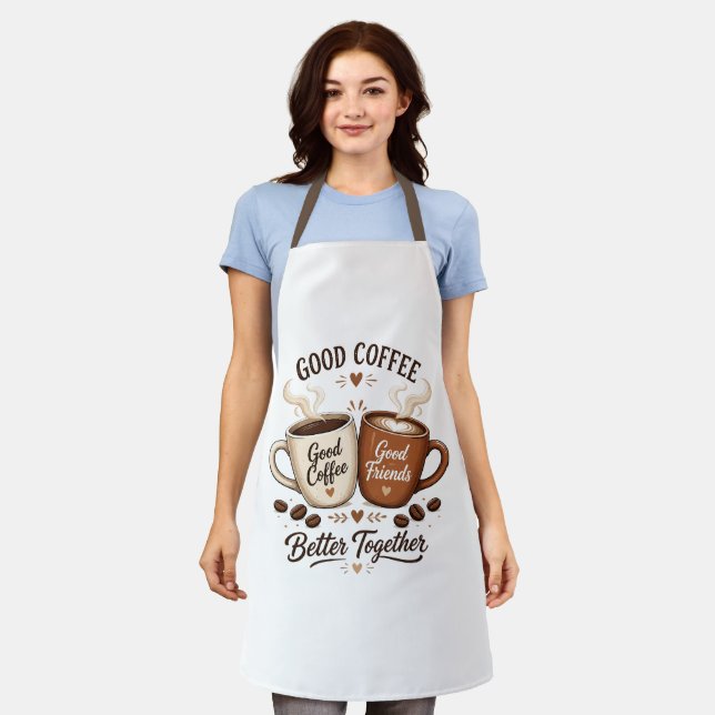 Tablier Bon café, bons amis avec deux tasses à café (Porté)