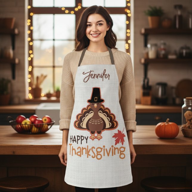Tablier Bon thanksgiving Pèlerin mignon Turquie personnali (Happy Thanksgiving Cute Pilgrim Turkey Custom Apron. Just add your name!)