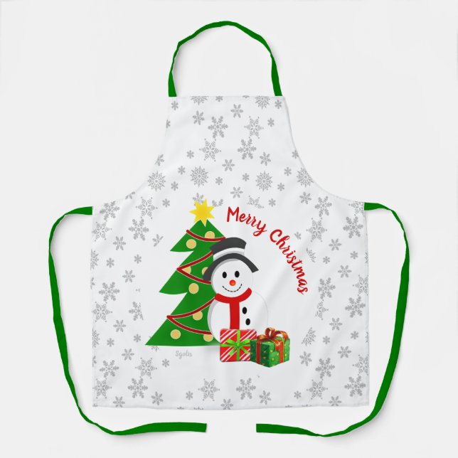 Tablier Bonhomme de neige de cuisson de vacances et arbre  (Recto)