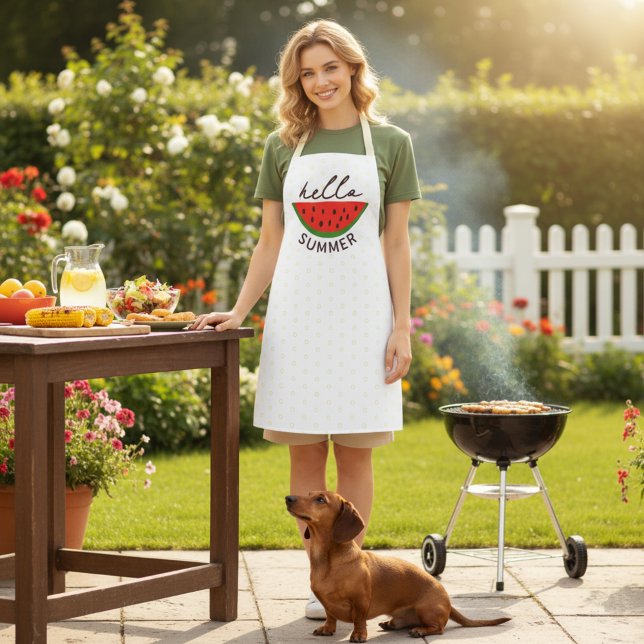Tablier Bonjour Summer Apron avec Watermelon (Hello summer apron for fun outdoor times.)