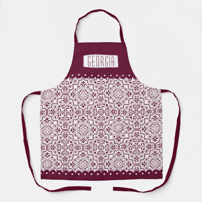 Tablier Bordures à échafaudage blanc bordeaux damassé (Recto)