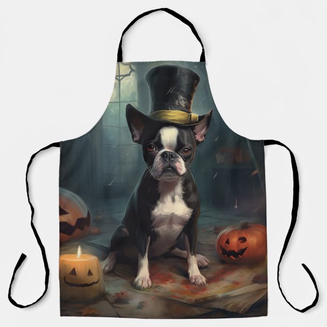 Tablier Boston Terrier Citrouille Halloween effroi (Recto)