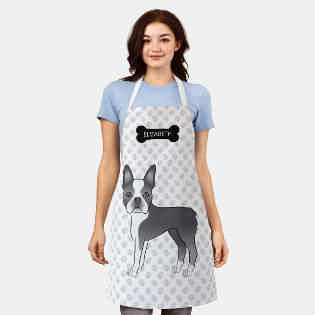Tablier Boston Terrier de dessin animé bleu et blanc & nom (Porté)