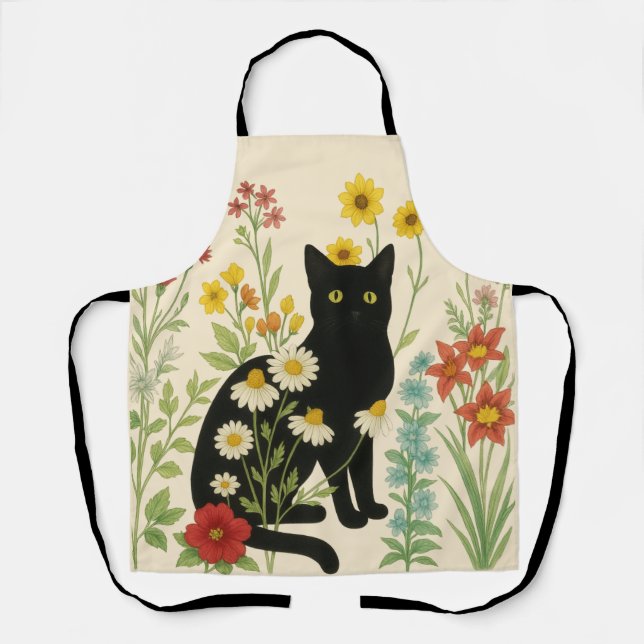Tablier Botanical Nature – Black Cat in Wildflower Garden (Recto)