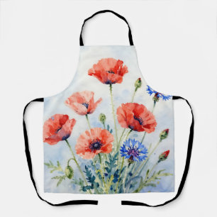 Tablier Bouquet de coquelicot rouge aquarelle et de bleuet