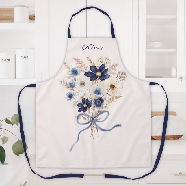 Tablier Bouquet de fleurs bleu marine aquarelle personnali (Créateur téléchargé)