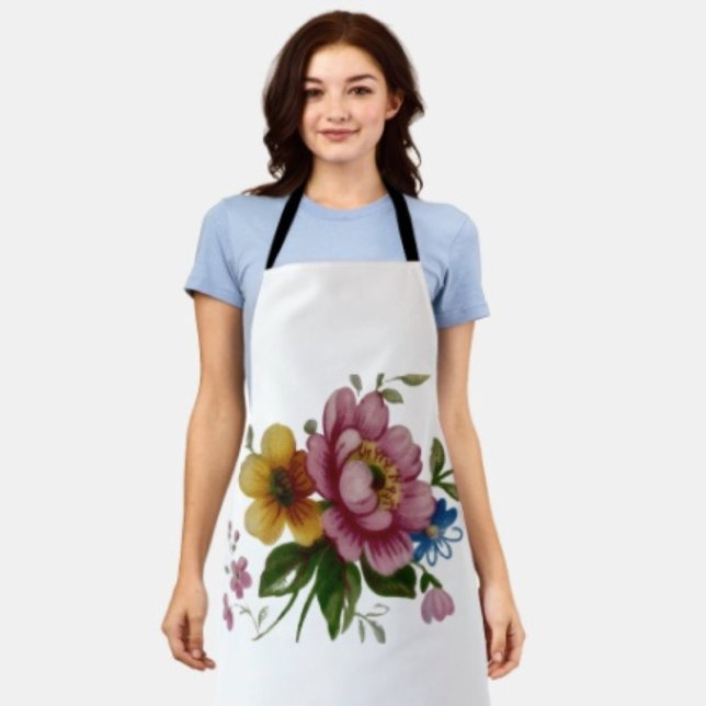 Tablier Bouquet floral de tasses à thé  ( Apron 100% polyester machine washable.
)
