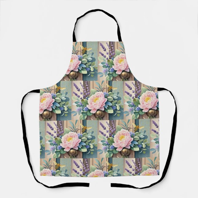 Tablier Bouquet pivoines fleurs de lavande rustique (Recto)