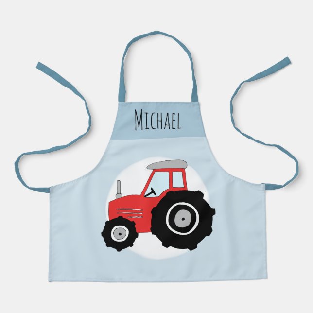 Tablier Boys Cute Moderne Blue Farm Tracteur & Name Kids (Recto)