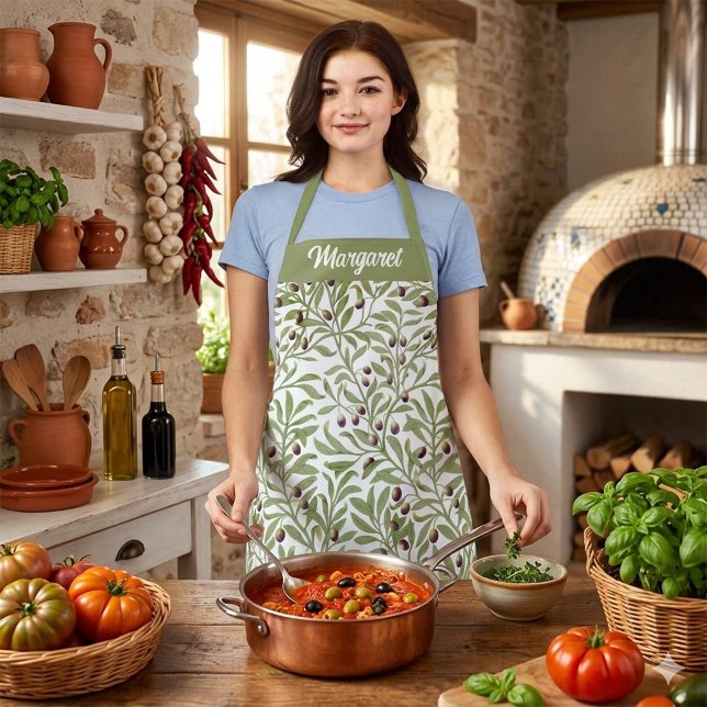 Tablier Branche d'olive vert sauge Monogramme Botanique (Sage Green Olive Branch Watercolor Botanical Apron)