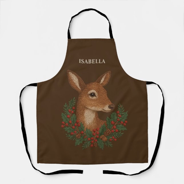 Tablier Broderie rustique Deer & Holiday Greens noël (Recto)