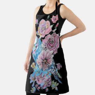 Tablier Budgie Watercolor Rose Floral Design Black Apron