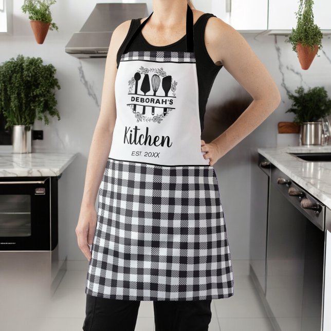 Tablier Buffle noir et blanc Plaid Nom de la cuisine (Créateur téléchargé)
