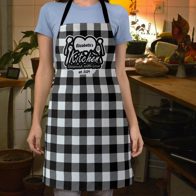 Tablier Buffle noir et blanc rustique Plaid Cuisine person (Créateur téléchargé)
