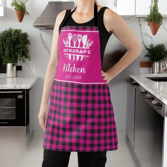 Tablier Buffle rose chaud Plaid Nom de la cuisine (Créateur téléchargé)