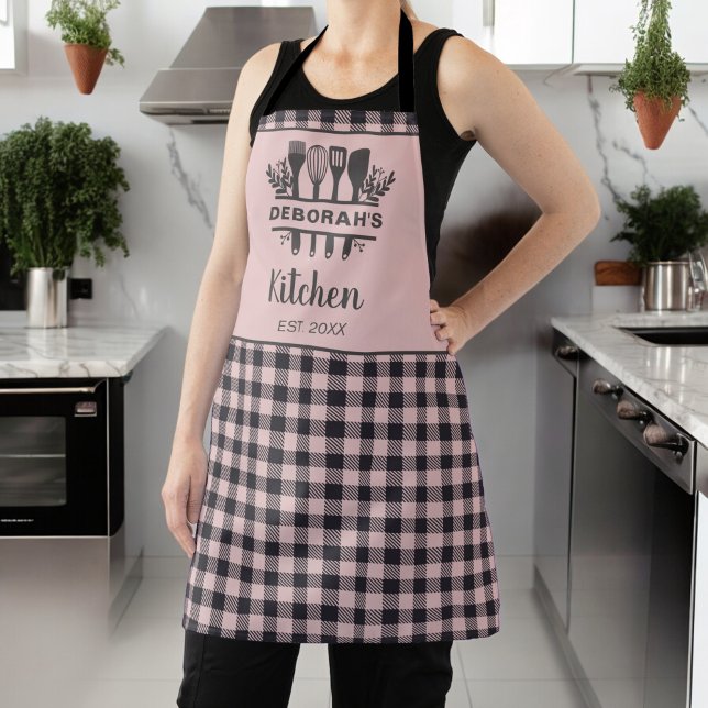 Tablier Buffle rose et gris Plaid Nom de la cuisine (Créateur téléchargé)
