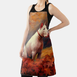 Tablier Bull Terrier dans les feuilles d'automne qui tombe